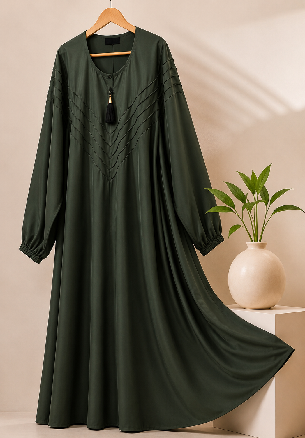 Luxe Dark Olive Green Pintuck Abaya