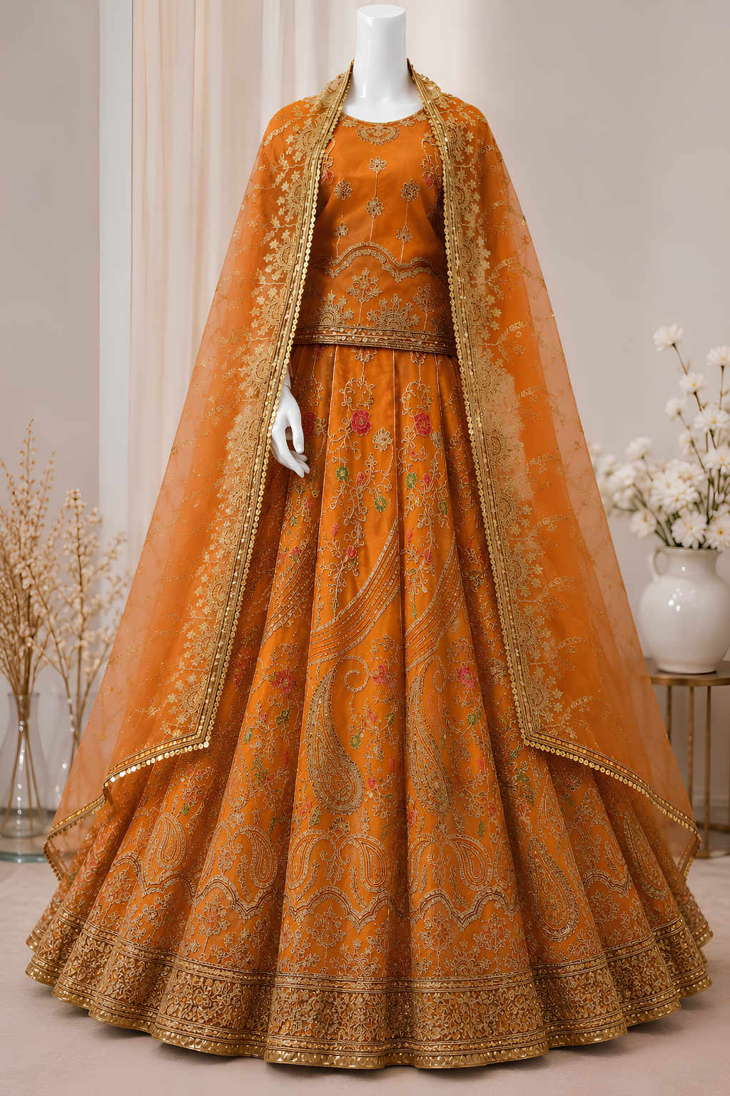 Majestic Luxury Embroidered Lehenga Set- Orange