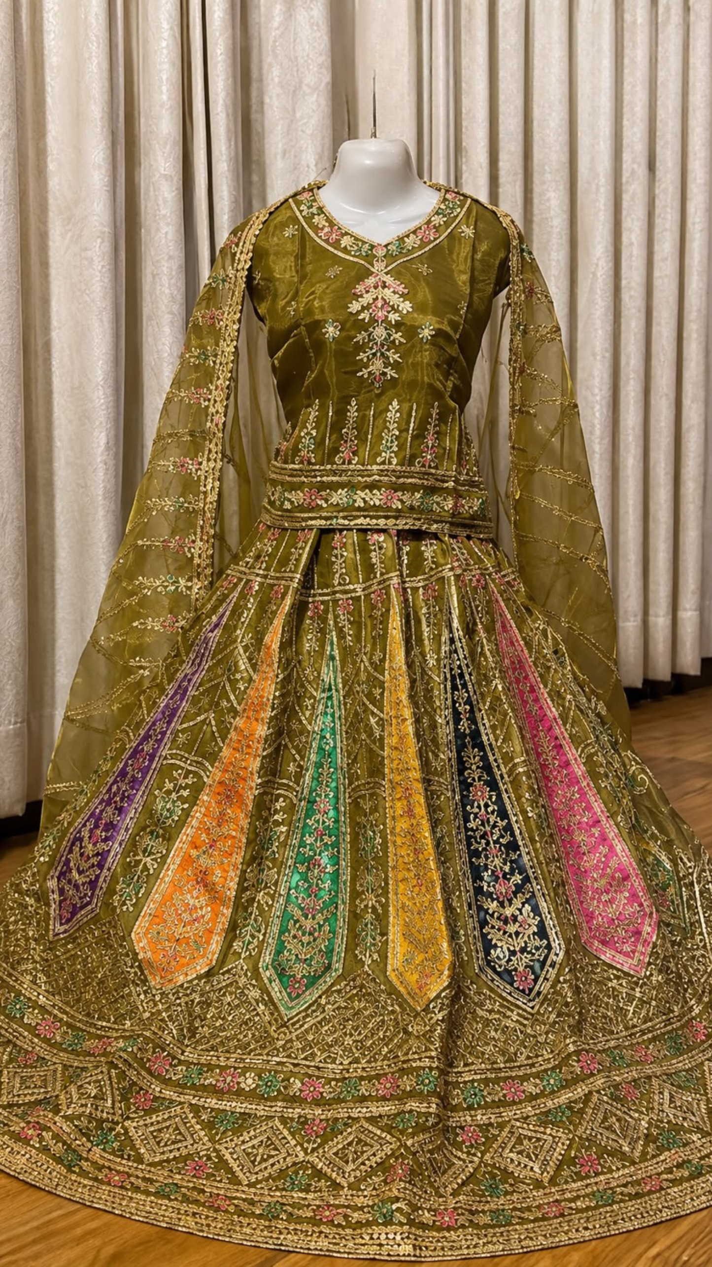 Majestic Luxury Embroidered Lehenga Set- Mehndi color