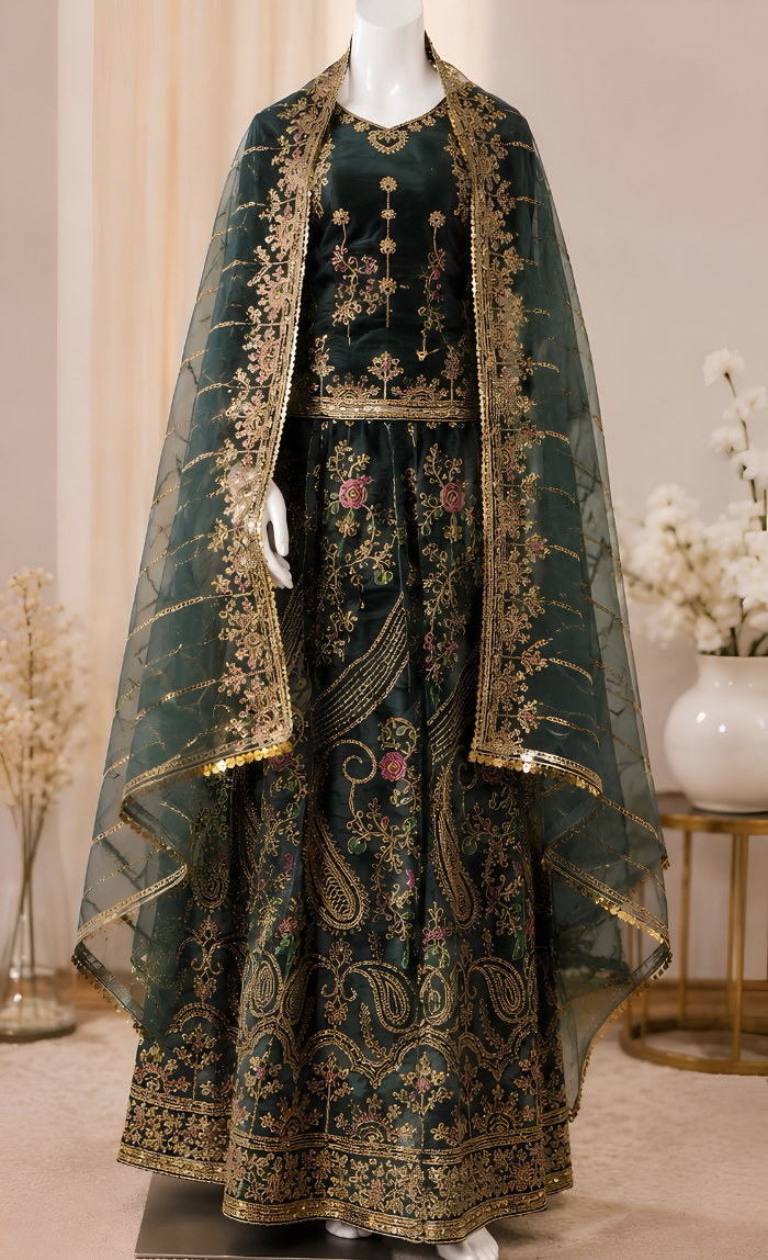 Majestic Luxury Embroidered Lehenga Set- Green