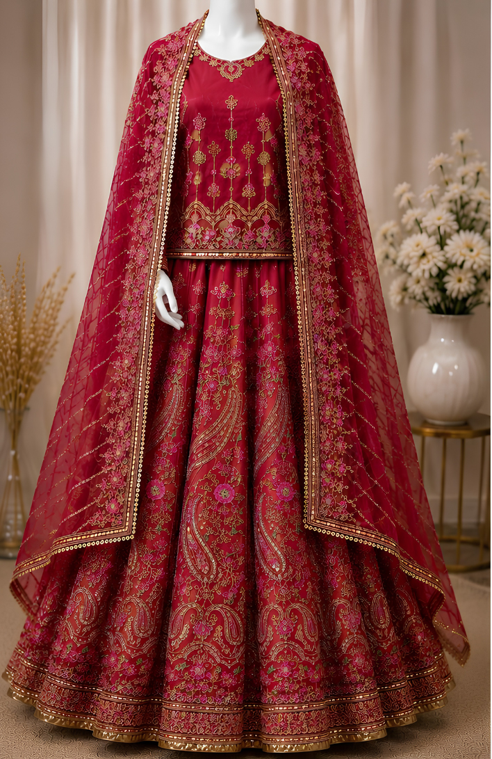 Majestic Luxury Embroidered Lehenga Set- maroon
