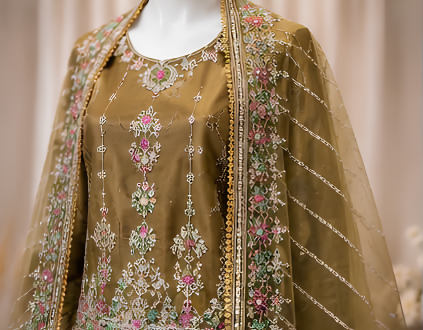 Majestic Luxury Embroidered Lehenga Set- Mehndi color