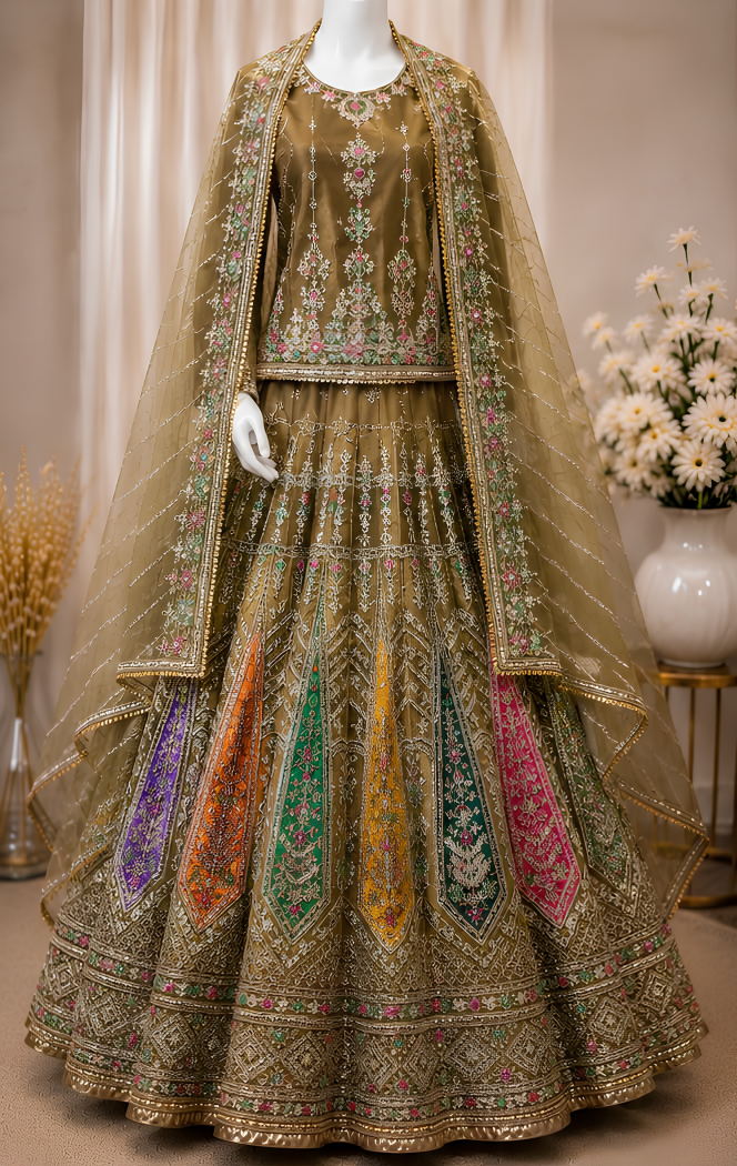 Majestic Luxury Embroidered Lehenga Set- Mehndi color