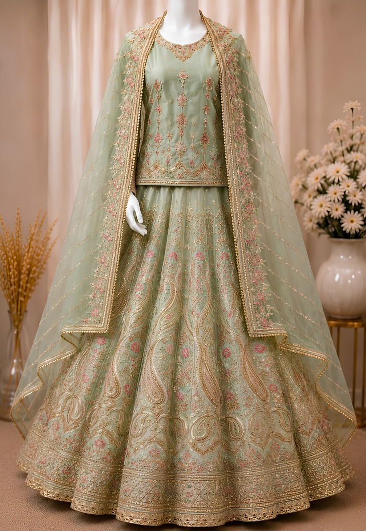Majestic Luxury Embroidered Lehenga Set- Pastel Mint