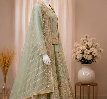 Majestic Luxury Embroidered Lehenga Set- Pastel Mint