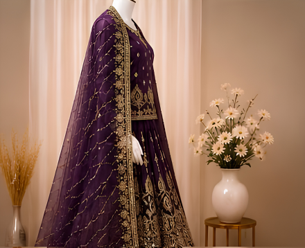Majestic Luxury Embroidered Lehenga Set- Violet purple