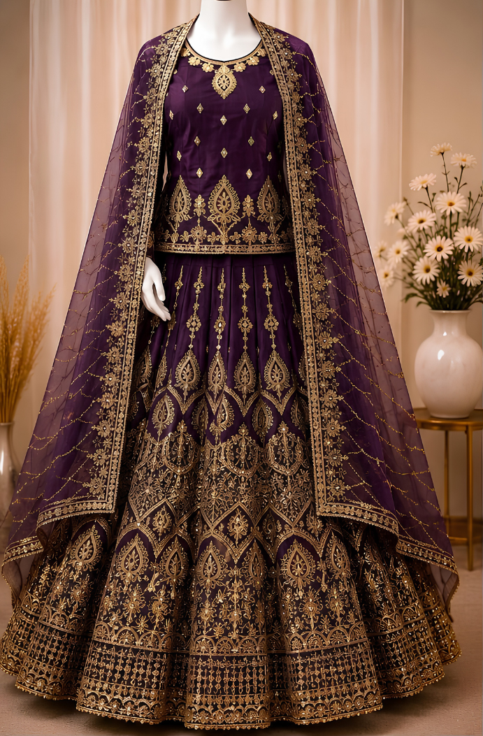 Majestic Luxury Embroidered Lehenga Set- Violet purple