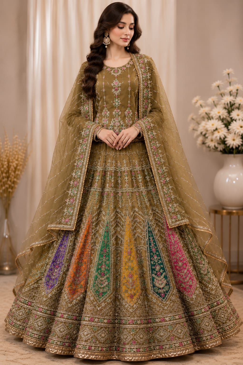Majestic Luxury Embroidered Lehenga Set- Mehndi color