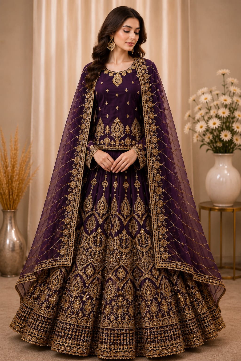 Majestic Luxury Embroidered Lehenga Set- Violet purple