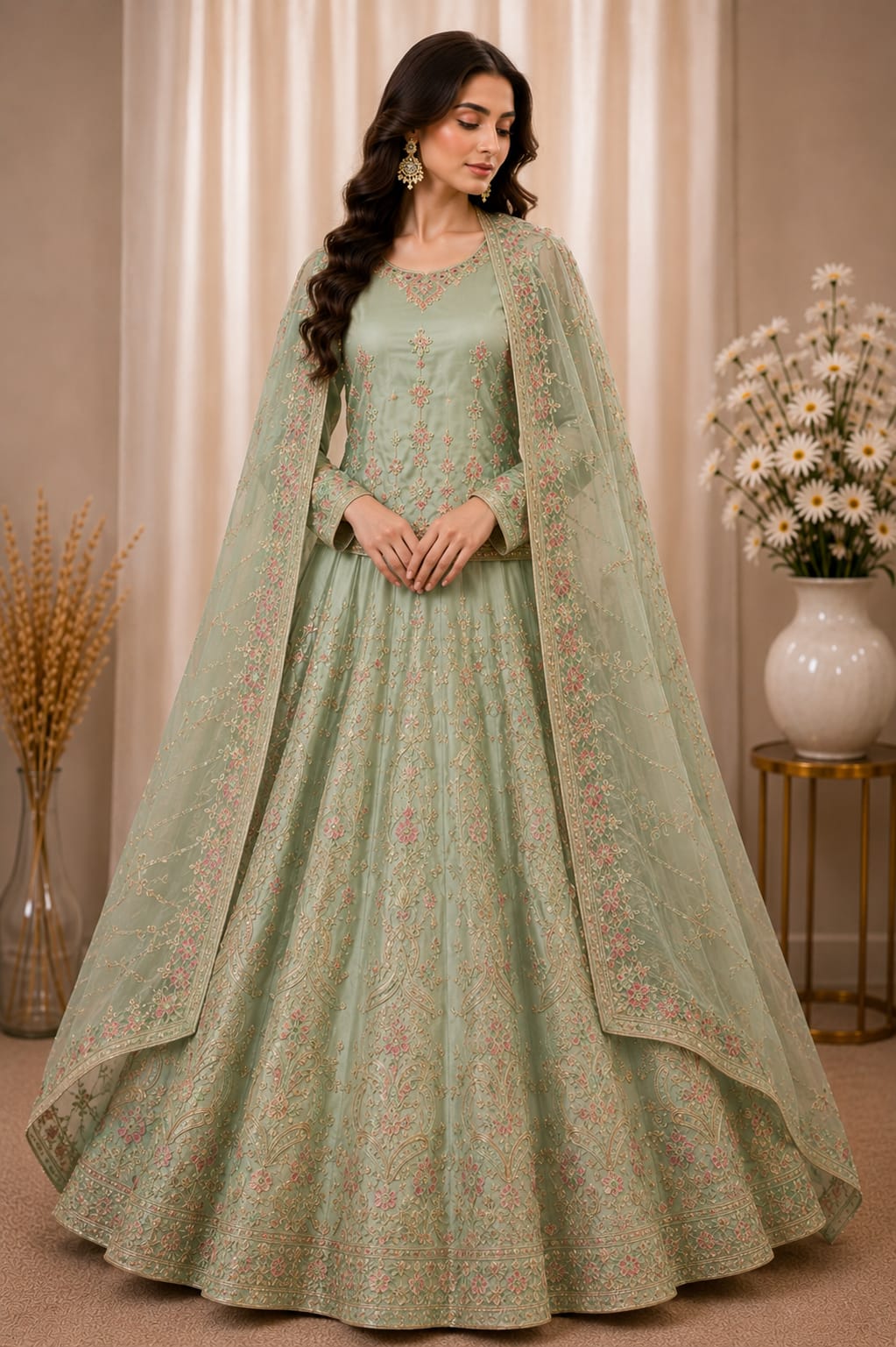 Majestic Luxury Embroidered Lehenga Set- Pastel Mint