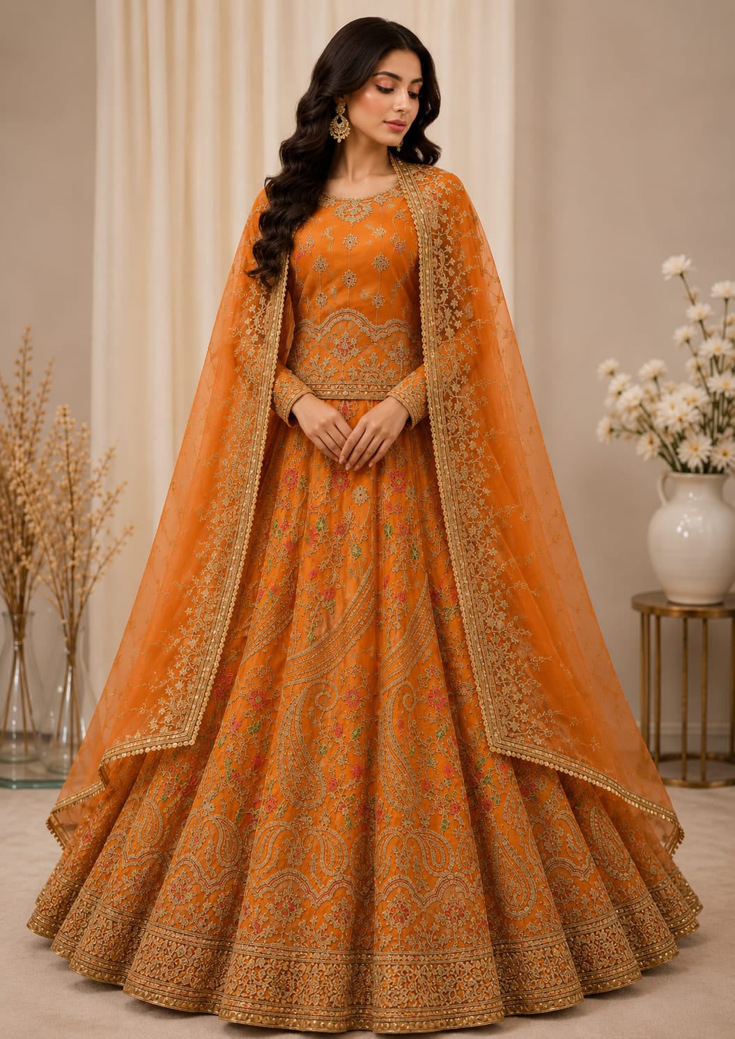 Majestic Luxury Embroidered Lehenga Set- Orange