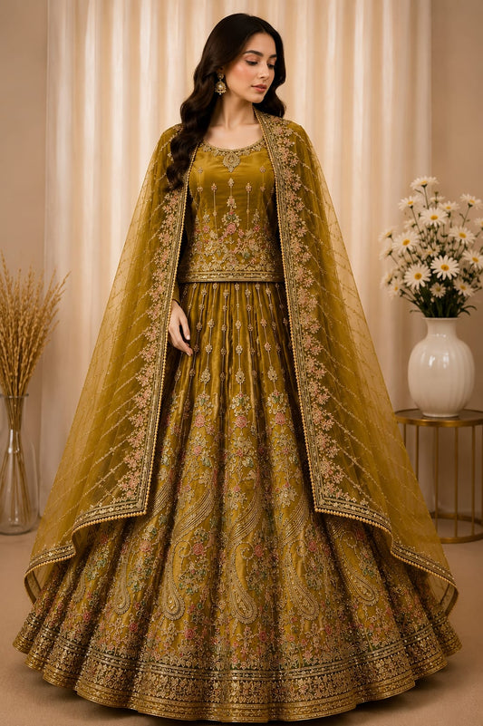 Majestic Luxury Embroidered Lehenga Set- Mustard Gold